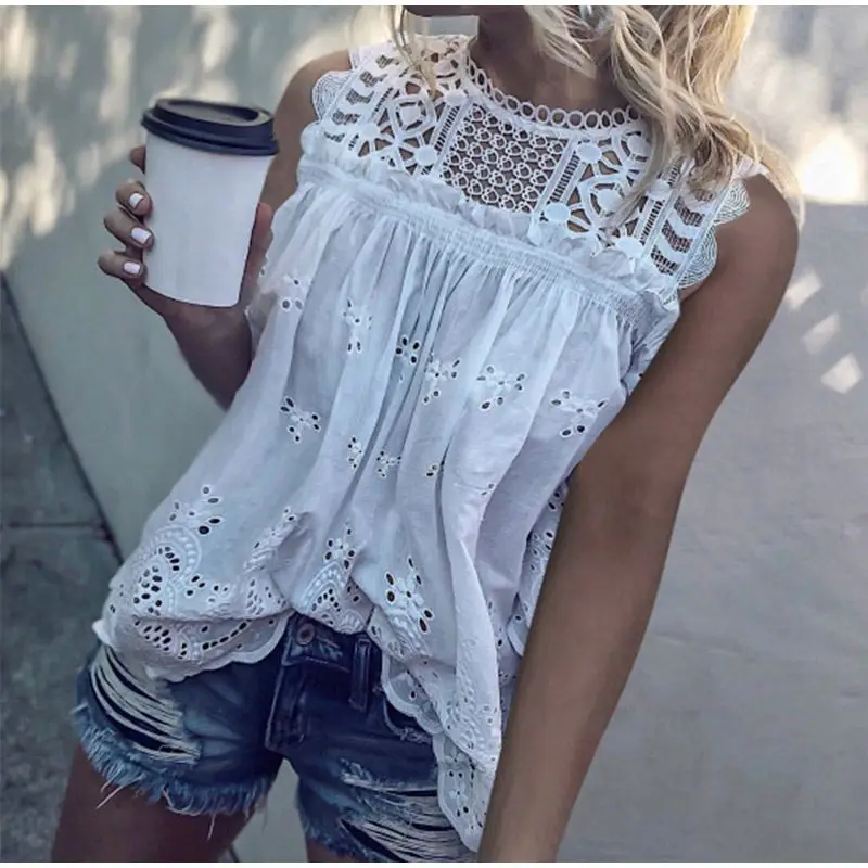 Cseta sin Mangas con Encaje Blanco Calado, Estilo Urbano, Cuello Redondo, Ajustada al Cuerpo, Informal, para Mujer, Tenden...