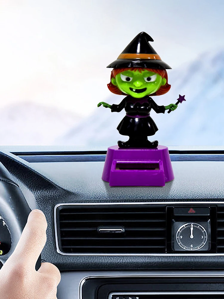 

Halloween Witch Dashboard Ornament Solar Powered Shaking Head Doll Car Interior Decoration Creative Cartoon Home Decorative Gift
