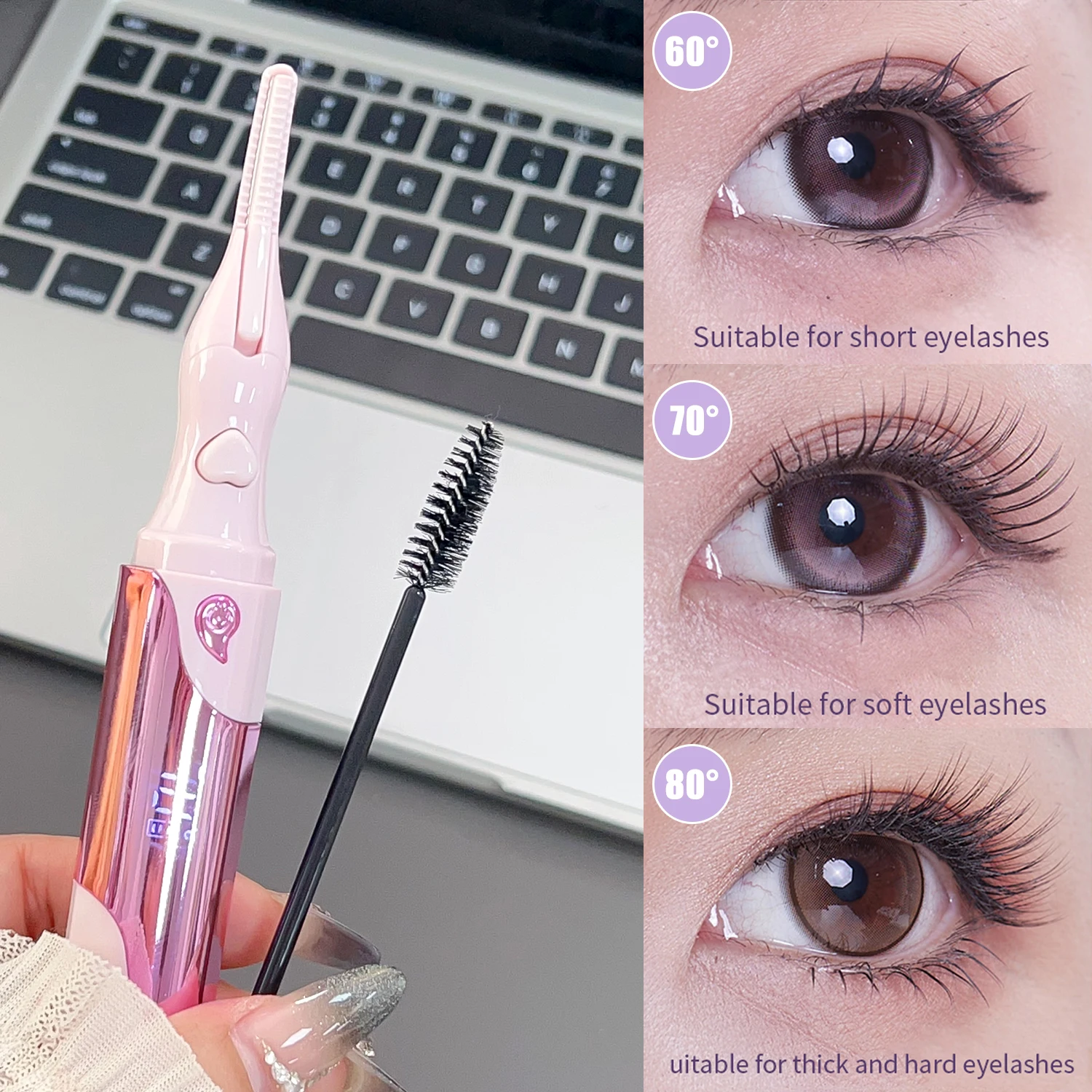 Elektryczna, podgrzewana, przenośna zalotka do rzęs, ładowana przez USB, szybkie i trwałe podkręcanie rzęs, grzebień i klips 2w1, do makijażu.