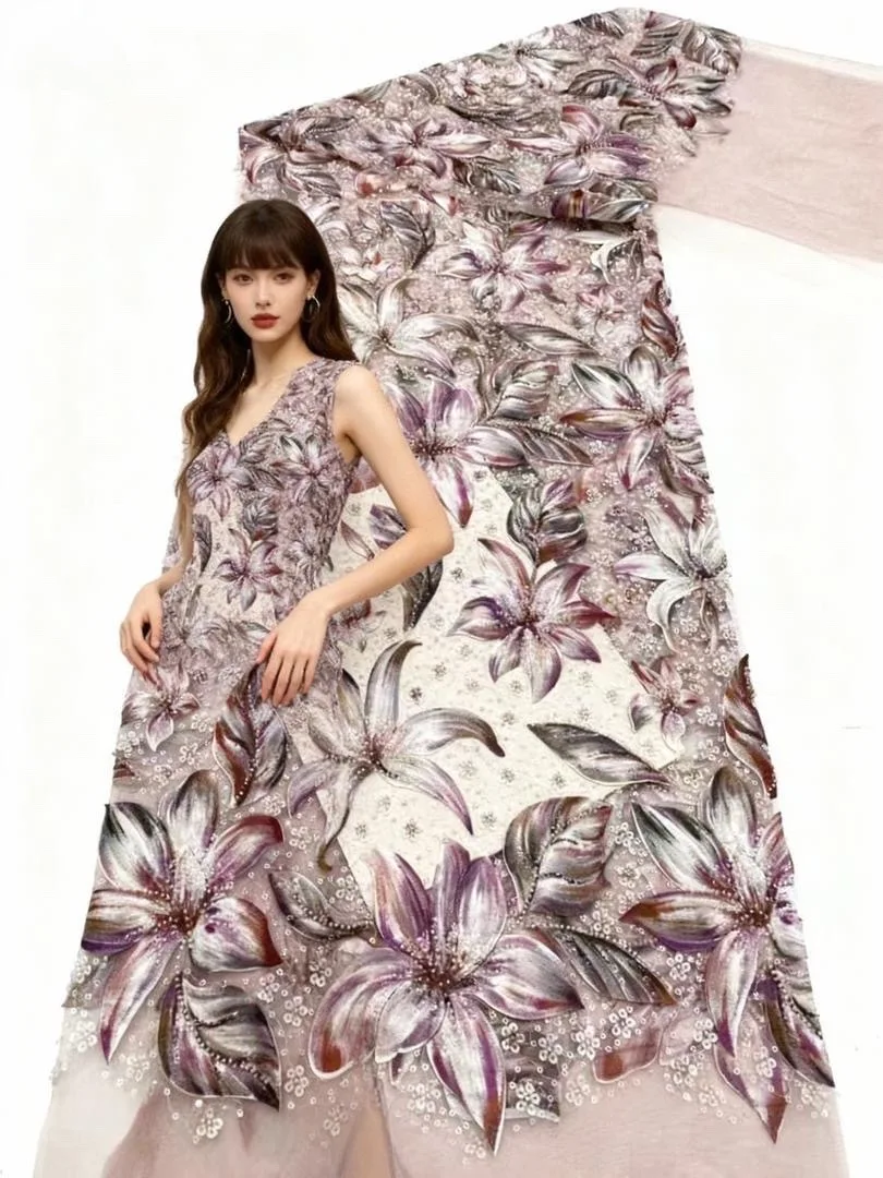 

French African Beads Lace Fabric 2025 Luxury High Quality Embroidery For Women Wedding Dress Nigerian Sequin Lace Fabric 5 Yards