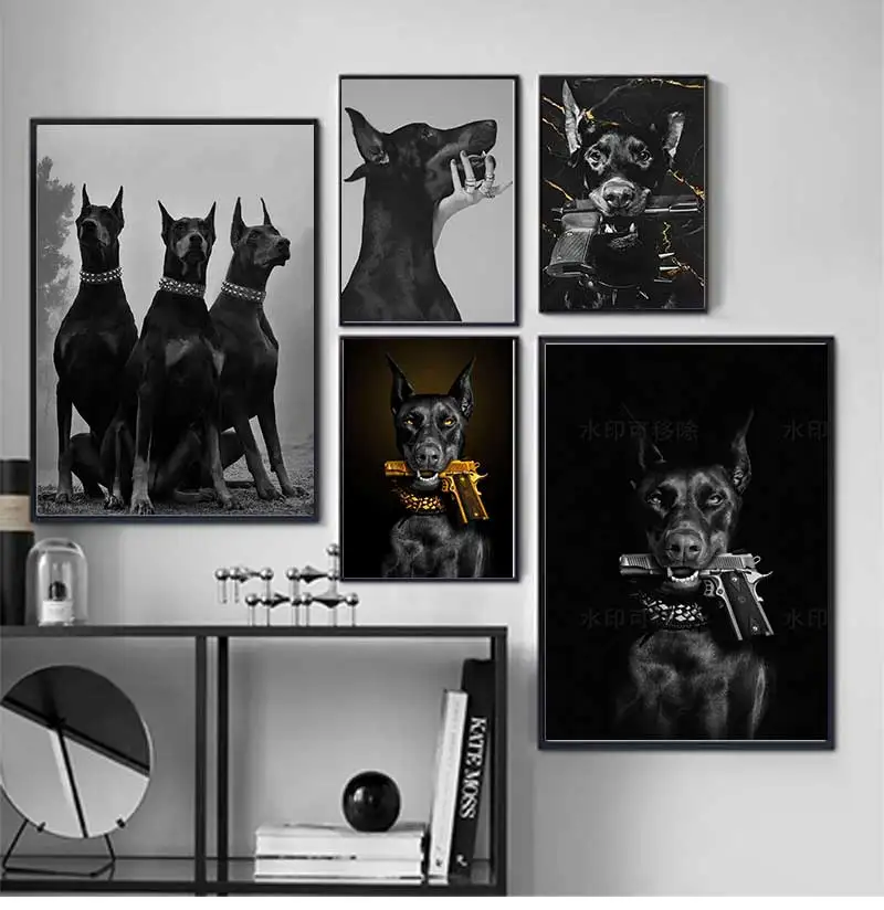 Modern Fashion Black Doberman Dog with Golden Pistol Poster 