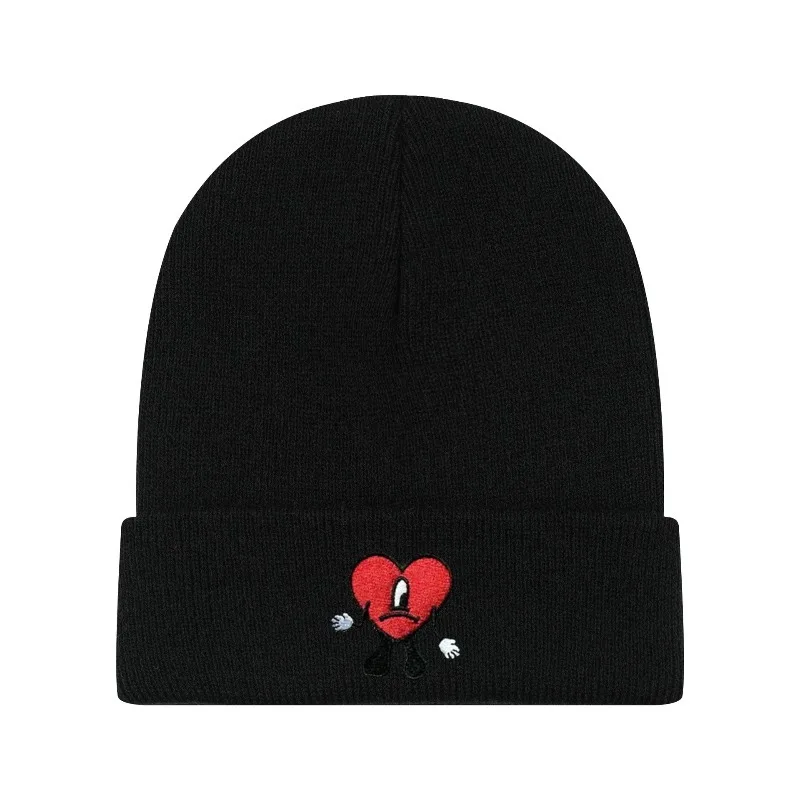 НОВАЯ вязаная шапка Bad Bunny Rapper, холодная шапка Bad Rabbit с вышивкой в виде сердца, однотонная теплая уличная шапка для мужчин и женщин