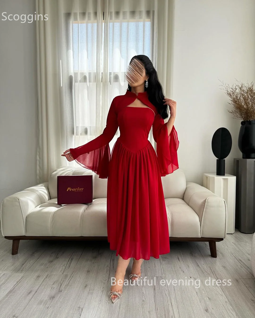 Scowell-vestido de noche de gasa roja de manga larga hasta el tobillo, vestido de fiesta de boda con cremallera, vestidos de fiesta elegantes, vestido de cóctel