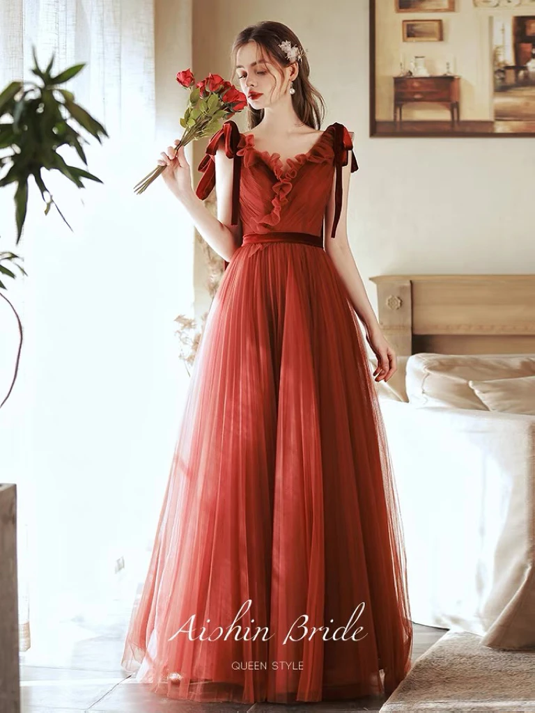 

Sexy Brick Red Celebrity Dresses V Neck Tulle Ruffle A Line Bow Ribbon Wedding Party Toast Women Evening Gowns Vestidos De Noche