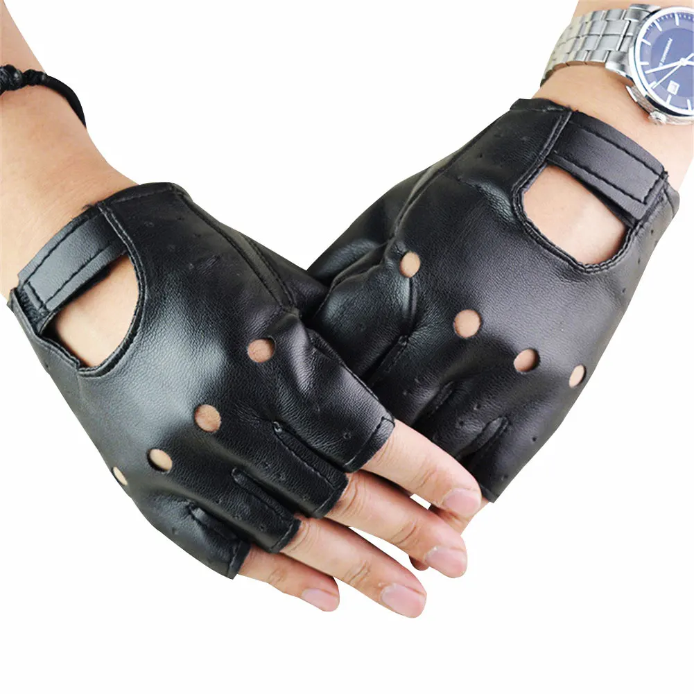 Guantes Unisex de cuero negro sin dedos, guantes sólidos para mujer, medio dedo, conducción, moda para hombres y mujeres, guantes Punk para motor de