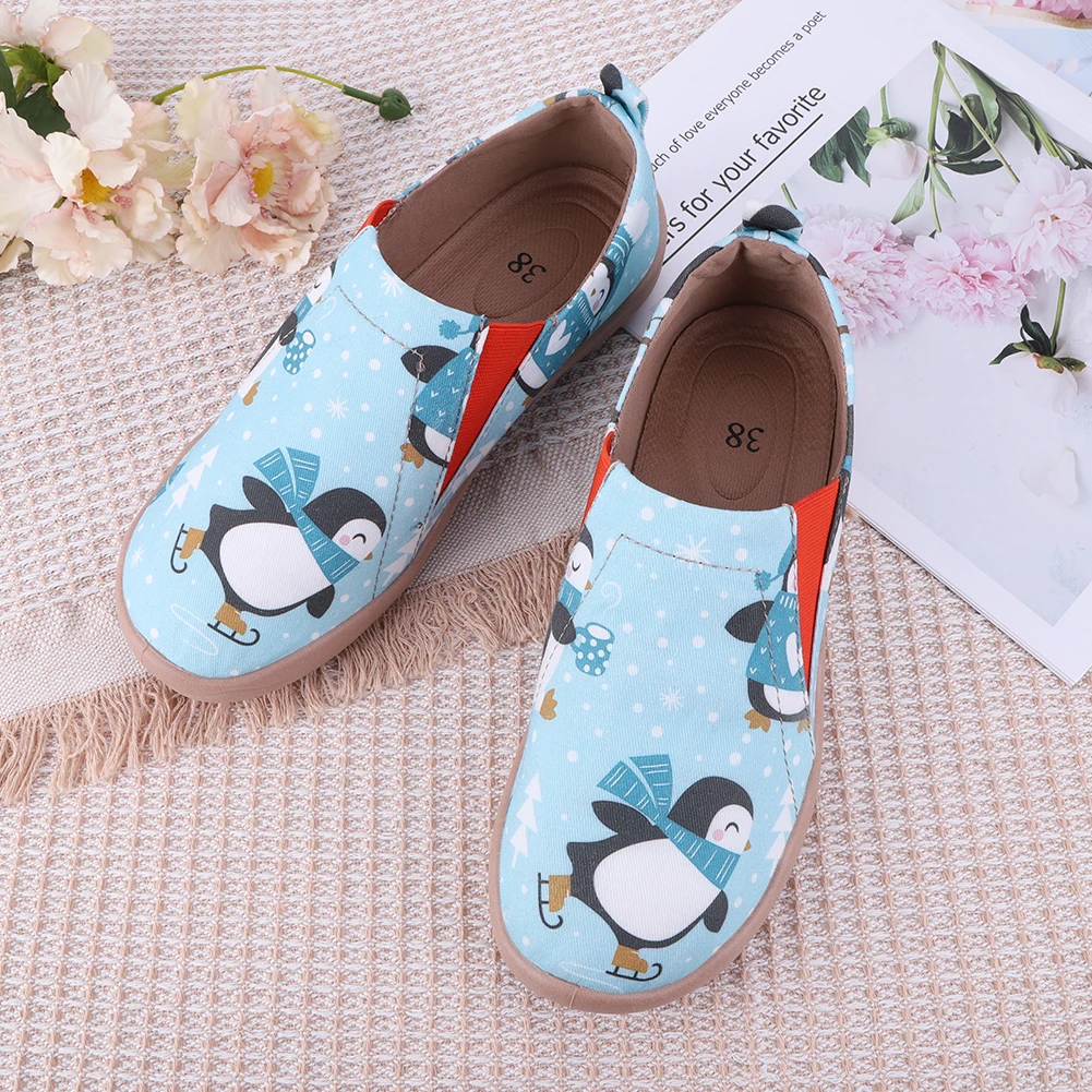 

Women Penguin Loafers Breathable Canvas Walking Shoes Round Toe Casual Travel Shoes Lightweight Walking Loafers for Daily Wear