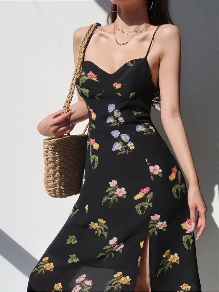 Midi Dress Women Sleeveless Sexy Summer Elegant Lady Printed Backless Design Vintage Temperament Trendy Korean Sundress Holiday