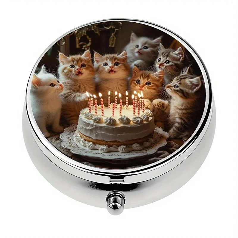 1 Pill Box with 3 Compartments, Cute Kitten Birthday Cake Themed Mini Pill Box, Pill Organizer, Perfect for Travel and Storing Vitamins