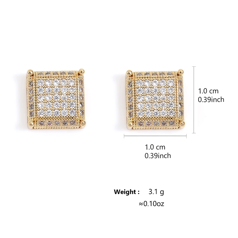 TrendMen Hiphop Rock Square Cubic Copper Zirconia Stud Earrings For Men Boy Gold Color Metal Crystal Earring Party Ear Jewelry