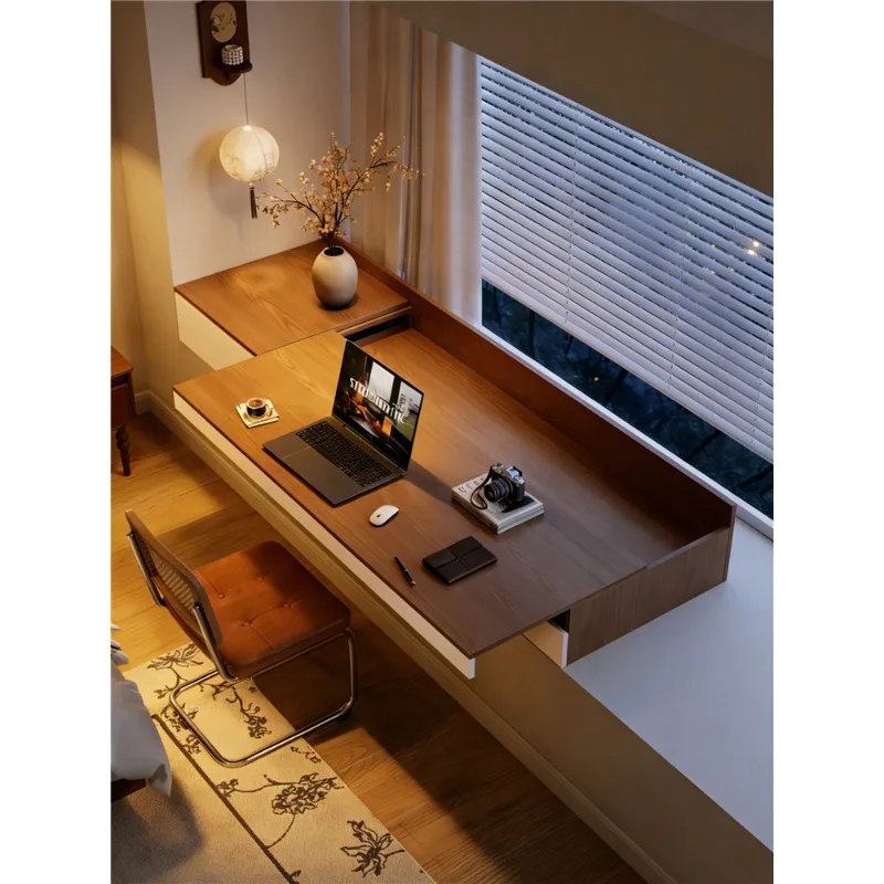Solid wood retractable bay window cabinet desk bookcase integrated table storage locker window sill renovation study table compu