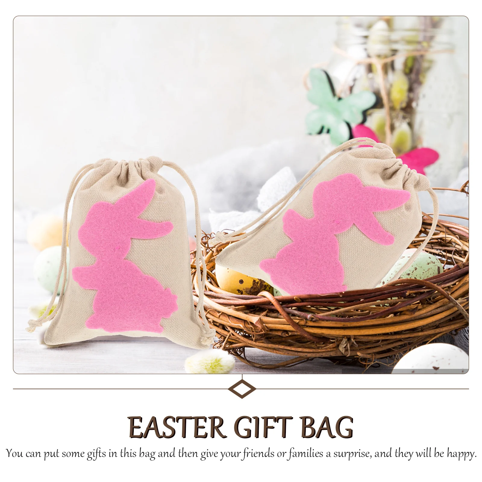 4 Pcs Bunny Drawstring Bag Easter Bags Giftbags with Candy Treats Small Cloth Party Favors Rabbit Design