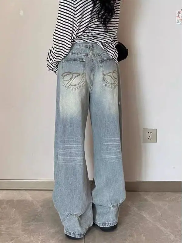 

American Style Washed out Light Embroidered Denim Jeans Women's Small Size High Waist Loose Slimming Straight Wide Leg Pants