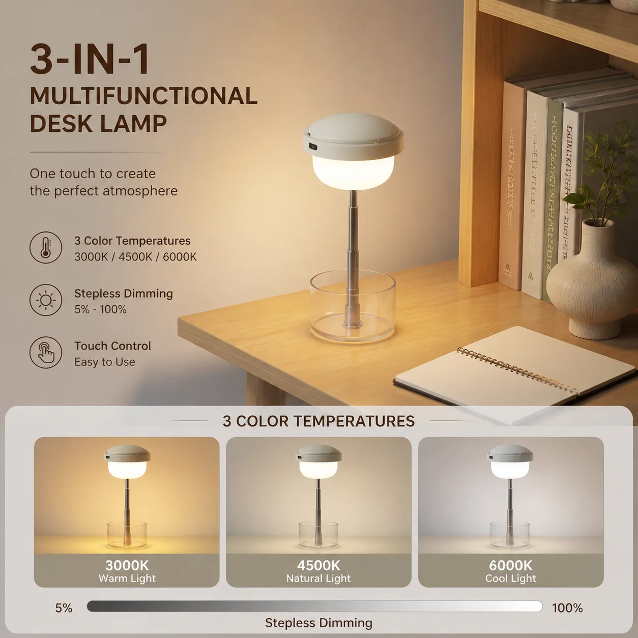 3‑in‑1 Multifunctional Retractable Camping Light, USB Rechargeable Stepless Dimmable Eye‑Care LED Desk Lamp, Cordless No‑Wiring