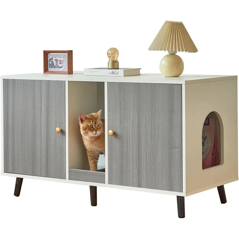 

Litter Box Enclosure for 2 Cats - 42.5" Double Room Cat Litter Box Enclosure Furniture with Scratching Pad, Indoor Hidden