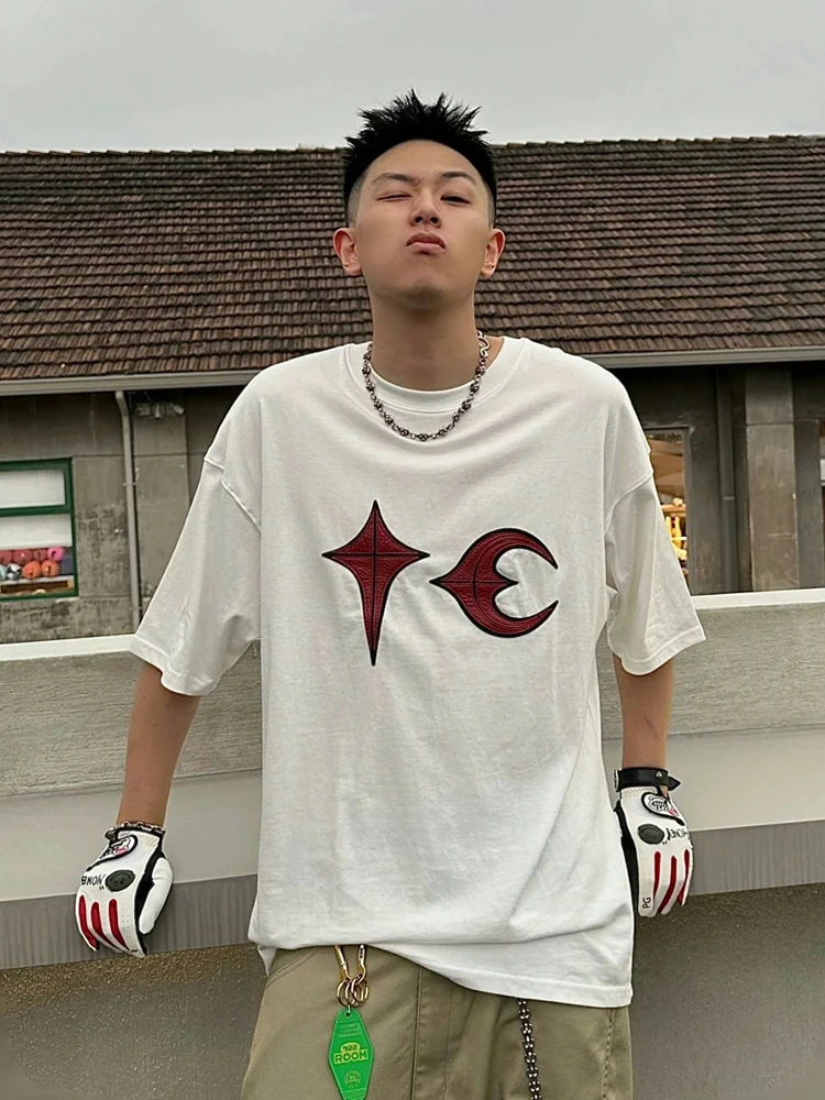 Loose Casual Short Sleeve T-Shirt Star Moon Leather Design Summer High Street Style Unisex Comfortable Cotton Tee for Men And...
