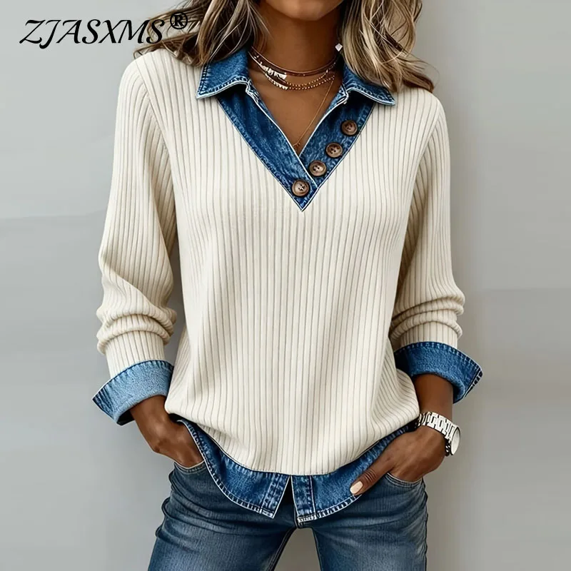 

Новая весенняя джинсовая блузка с воротником на пуговицах, контрастная блузка, женский повседневный топ в рубчик, пуловер, осенняя уличная рубашка с длинными рукавами, Mujer Harajuku