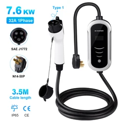 Cargador portátil tipo 1 de 3,8 kW y 7,6 kW, cable de carga rápida para coche, caja de pared ajustable, adaptador de CA Tesla