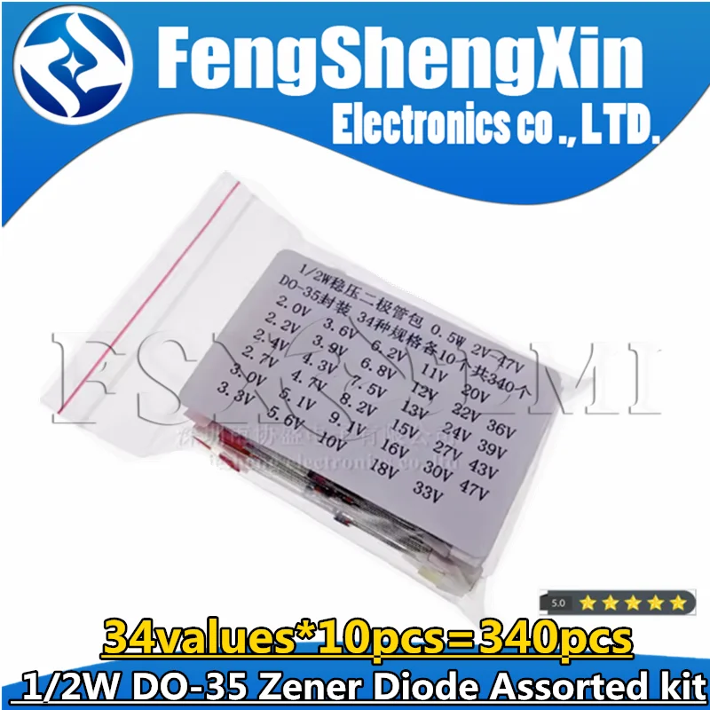 34values*10pcs=340pcs 2V-47V 1/2W 0.5W DO-35 Zener Diode Assorted kit Assortment Sets