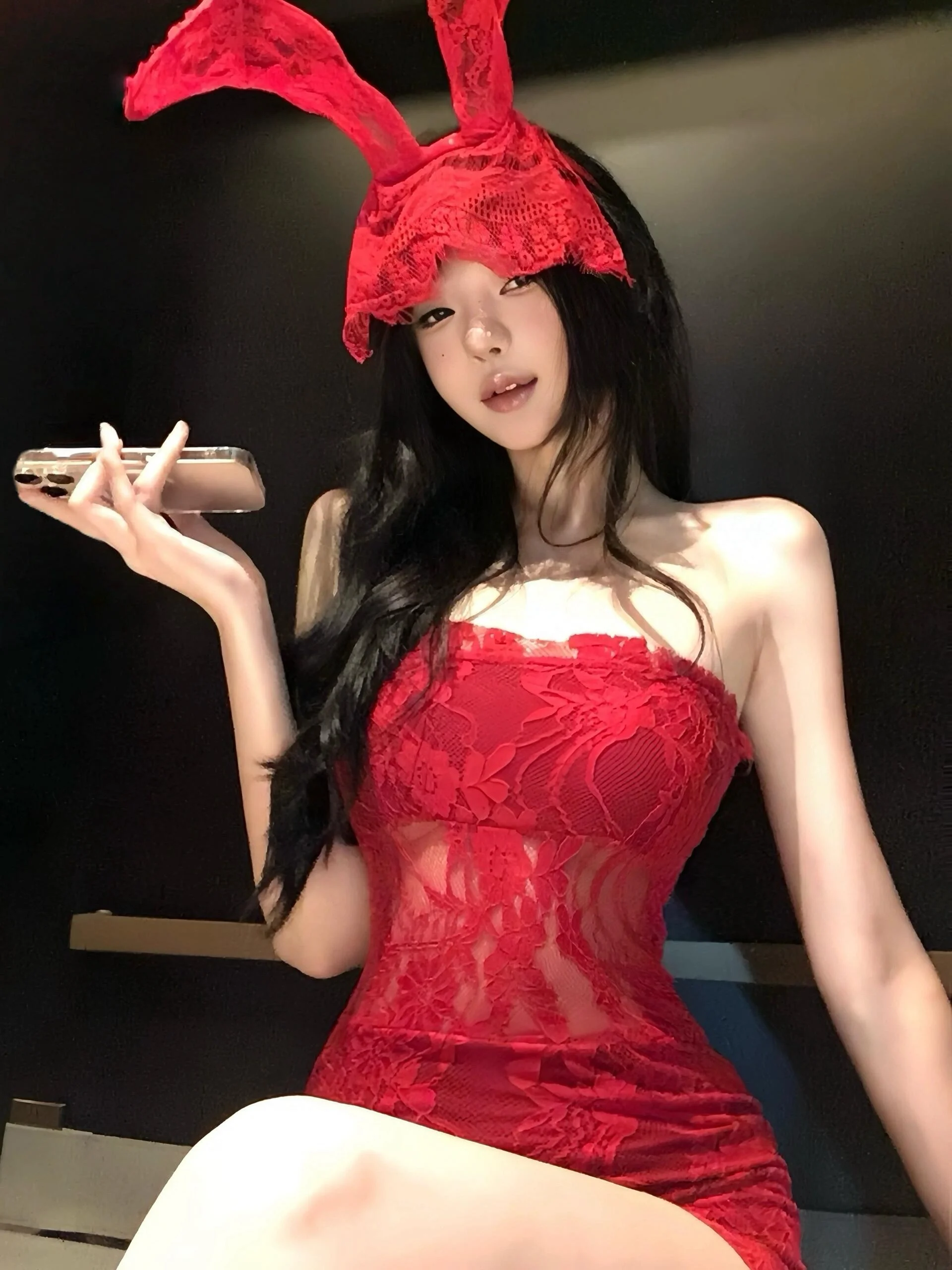 Vestido Bustier Rojo de Encaje con un Hombro Descubierto, Disfraz de loween, Falda Ajustada a la Cintura, Tela Suave, Elas...