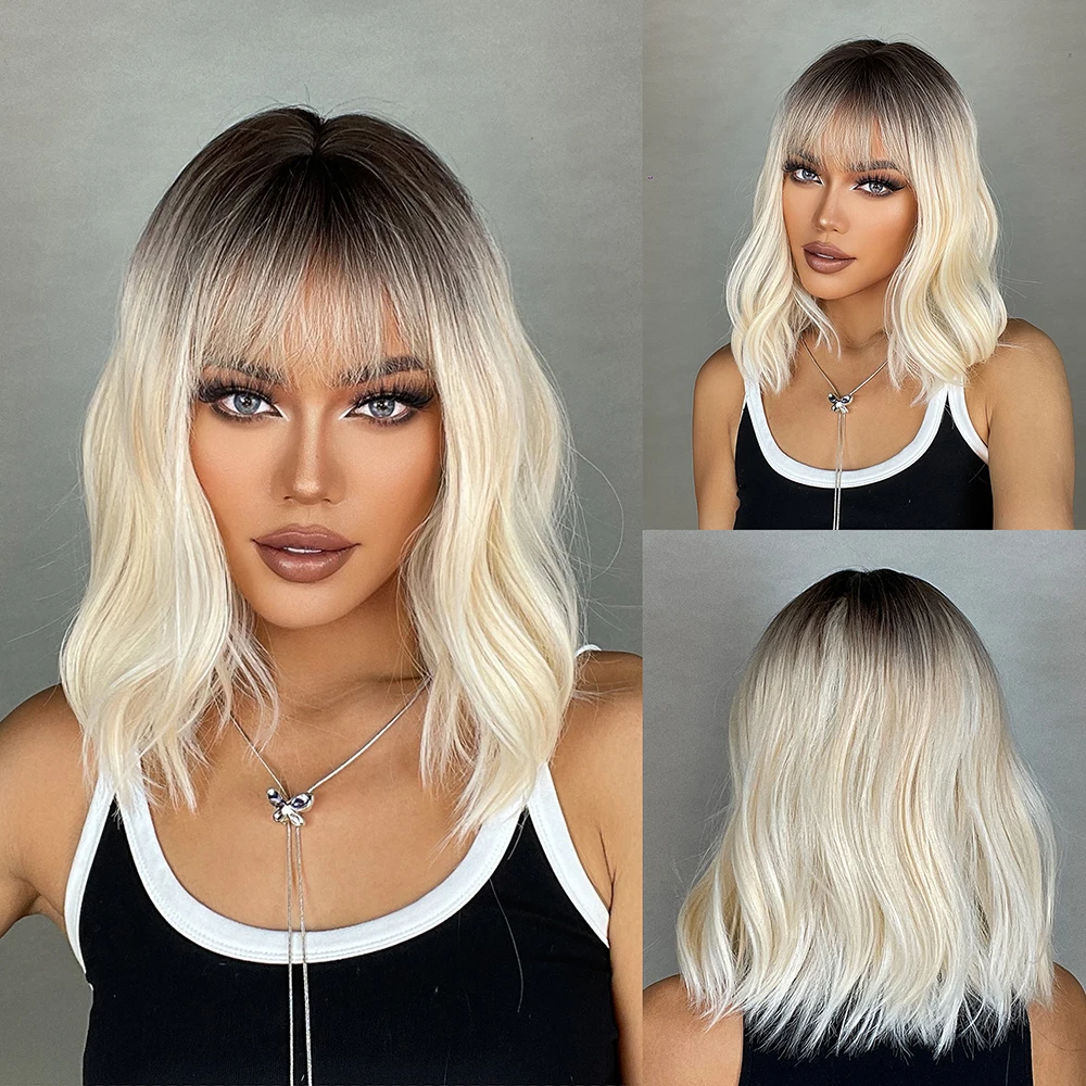 

Short White blonde wavy synthetic wig with Bangs Dark Root Layered Wigs for Women Holiday Party Fake Hair Heat Resistant Wig