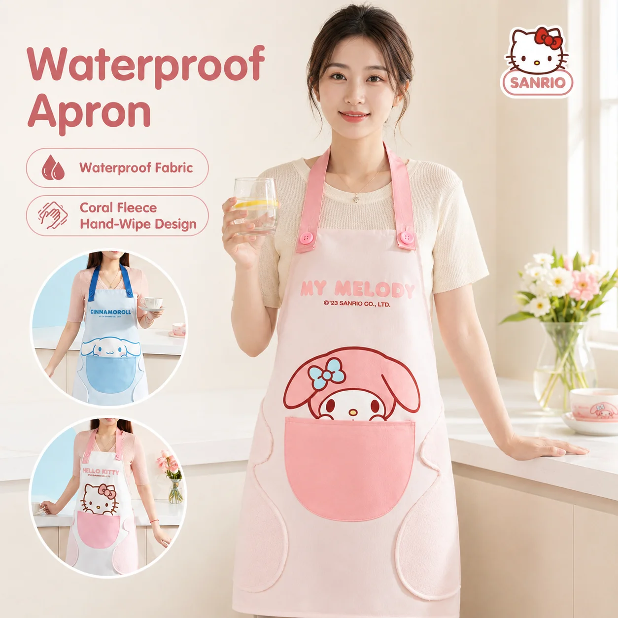 Sanrio MyMelody Wipe Hand Apron Cute Kitchen Hand Wiping Home Cooking Daily Household Cleaning Work Pastry Chef Bake Cloth Apron