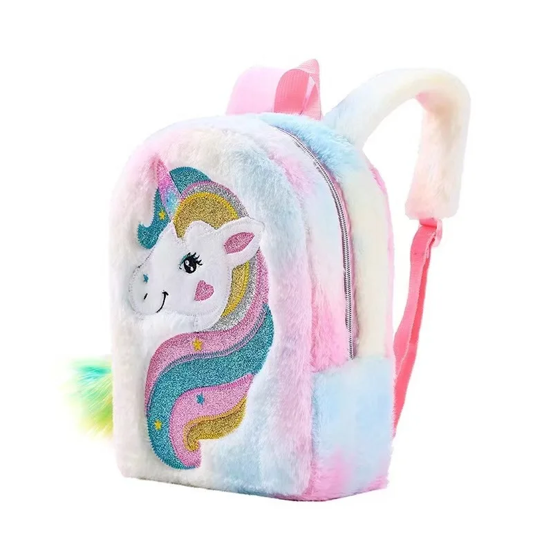 Kids Backpack Kids School Bag Fashion Large Capacity Children Girls Unicorn Plush Tie-Dye Bag Mochila