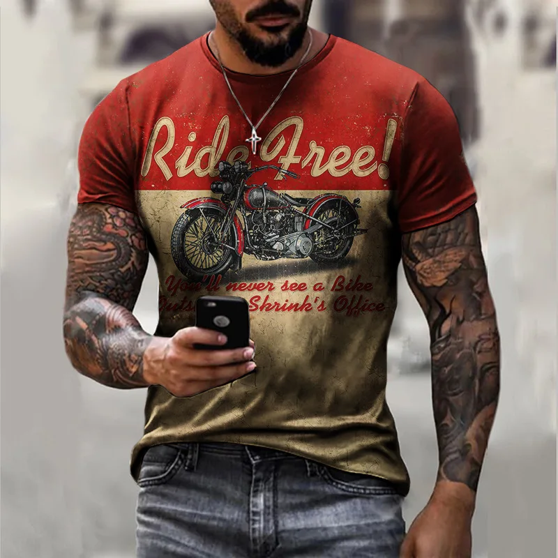 2023 Summer Vintage Men\'s T Shirt 3d Retro Motorcycle Oversized Tshirts For Men Clothing Biker Racing T-shirts Motor Tees Tops