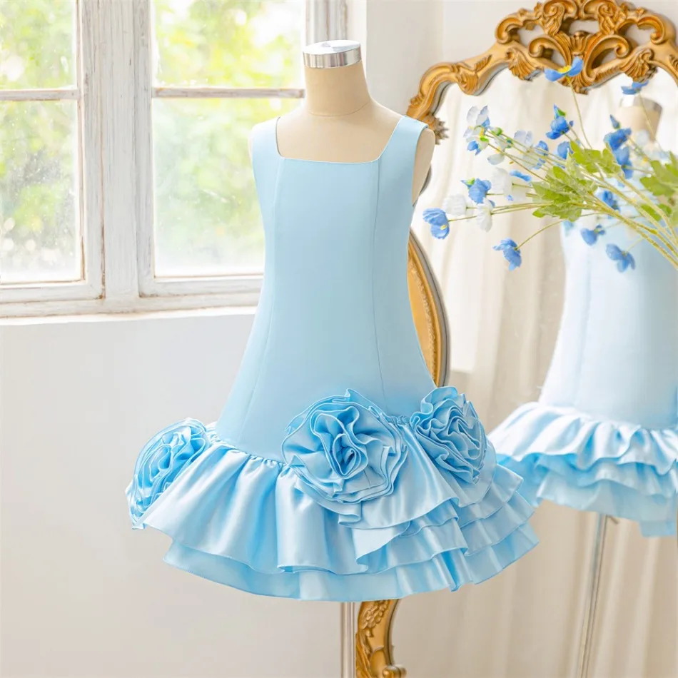 Girls Light Blue Satin Dress Square Neck Floral Ruffle Hem Elegant Wedding Birthday Party Princess Gown Kids Pageant Dress ASQ03