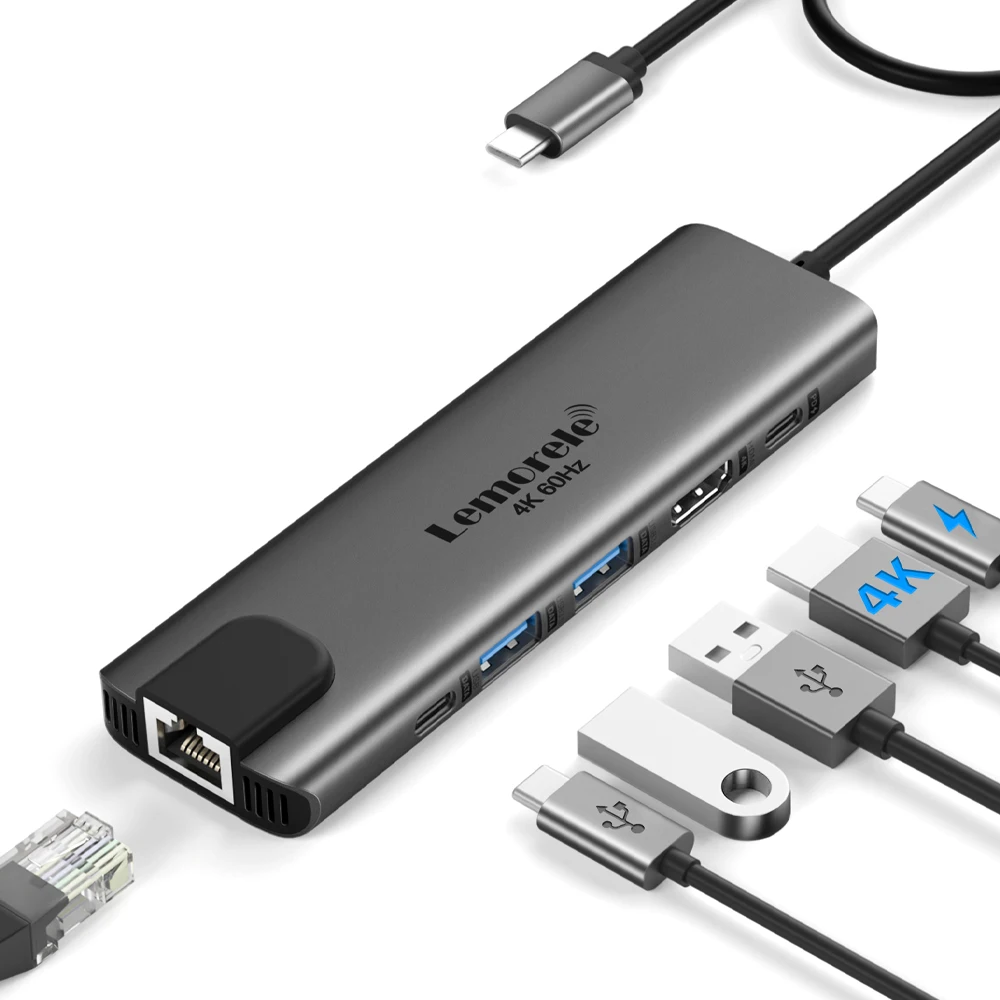 

Lemorele TC44 USB C Hub 3.0 Port 6-IN-1 Док-станция HDMI 4k@60HZ Display Type C адаптер RJ45 100W для ноутбука Windows MacOs