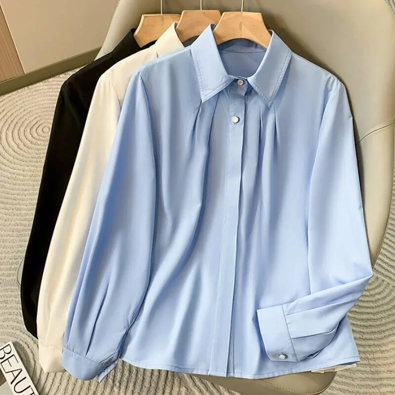 

2025 Long-Sleeved Lapel Plus Size Shirt New Korean Version Loose Temperament Profession Blouse Solid Hidden Button Down Shirts