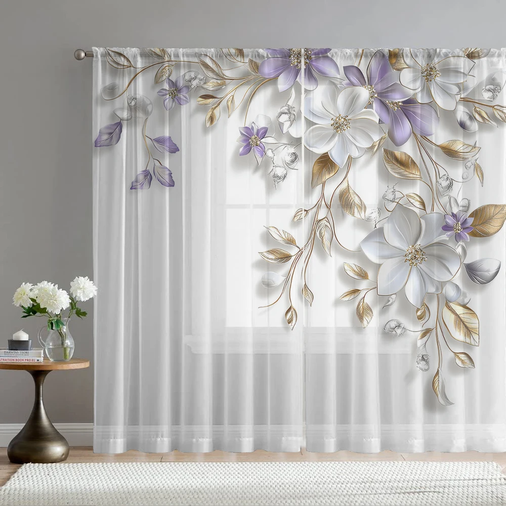 2Pcs Purple Flower White Flower And Gold Leaf Print Home Decoration Window Screens, Suitable For Cafes, Restaurants