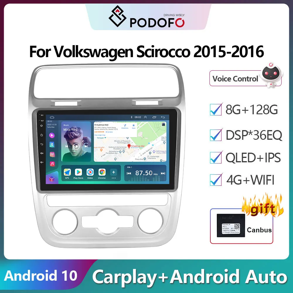 

Podofo 2 Din Android 10 Car Radio Multimidia Video Player For Volkswagen Scirocco 2015-2016 GPS Navigation 2din Carplay Auto