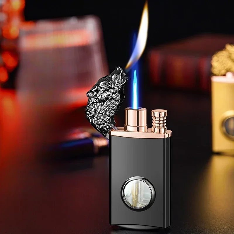 Wolf Head Glowing Transparent Gas Chamber Dual Fire Conversion Lighter Metal Windproof Gas Lighter Smoking Men Gift