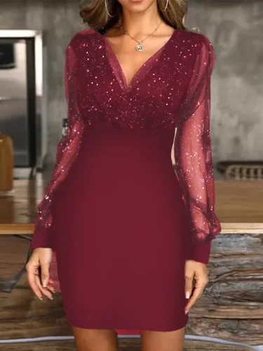 Imagen 2 del producto Vestido Sexy transparente con cuello en V de manga larga para mujer primavera otoño fiesta de año nuevo Mini vestidos cortos