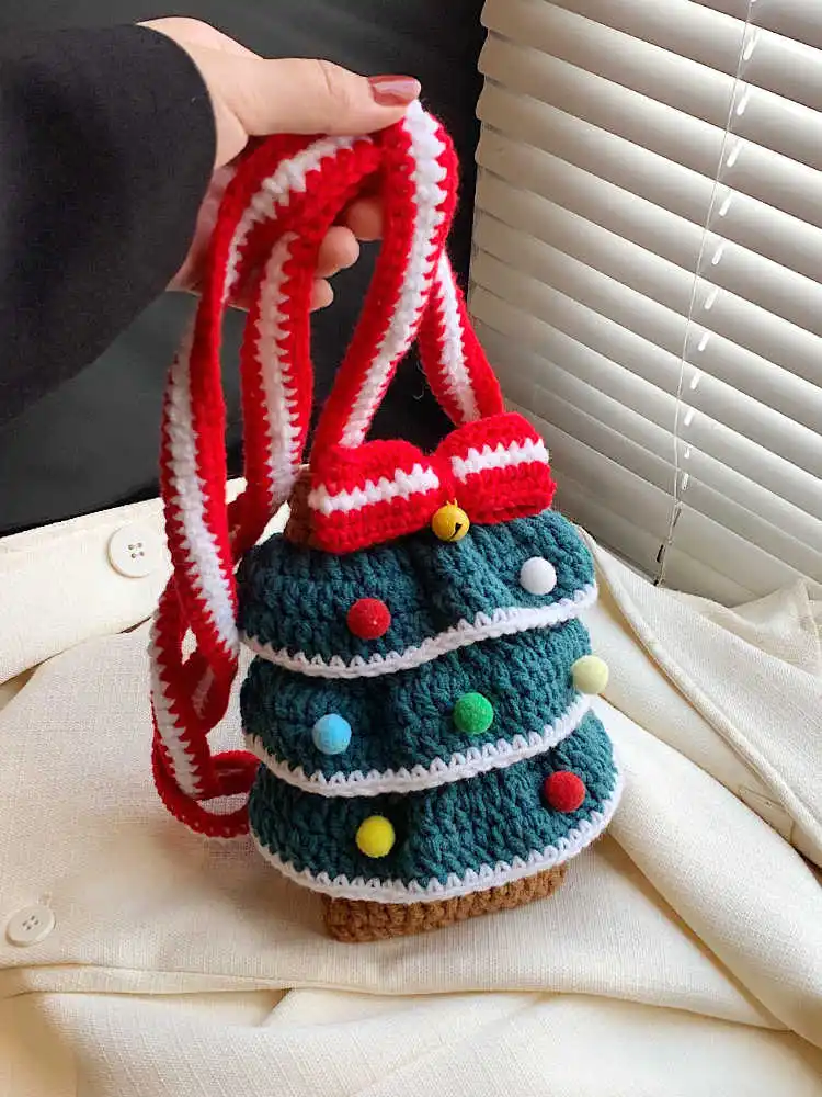 Lindo árbol de Navidad tejido bolso para teléfono móvil para mujer 2025 nueva moda chica bolsos de un solo hombro tipo bandolera bolsos versátiles