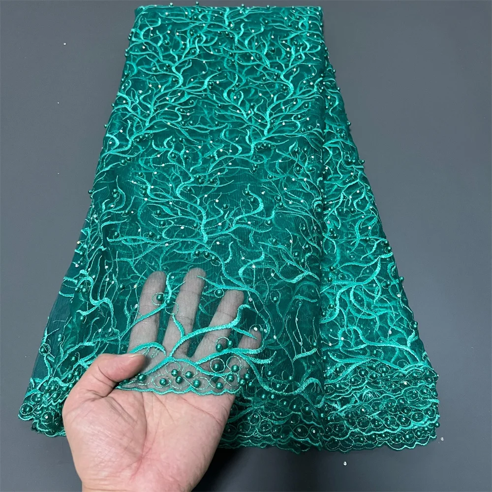 

2025 Высококачественный африканский нигерийский тюль с блестками для выпускных платьев, кружевная ткань, вышивка бисером, сетчатая ткань, 5 ярдов, ZJ044