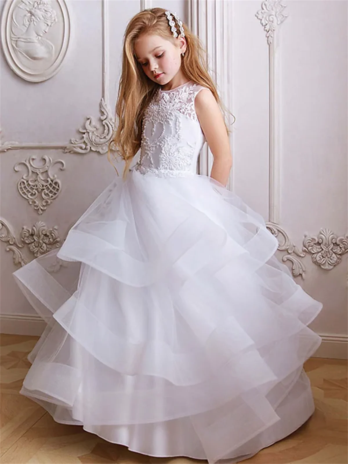 

White Flower Girl Dresses For Wedding Princess Floor Length Lace Appliques Sleeveless First Communion Evening Party Dresses