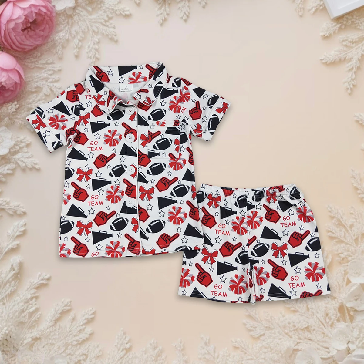 

Hot Sale Girls Pajamas Set Clothes Toddler Kids Black Star Football Short Sleeve Button Top Shorts Outfit Children Sleepwear