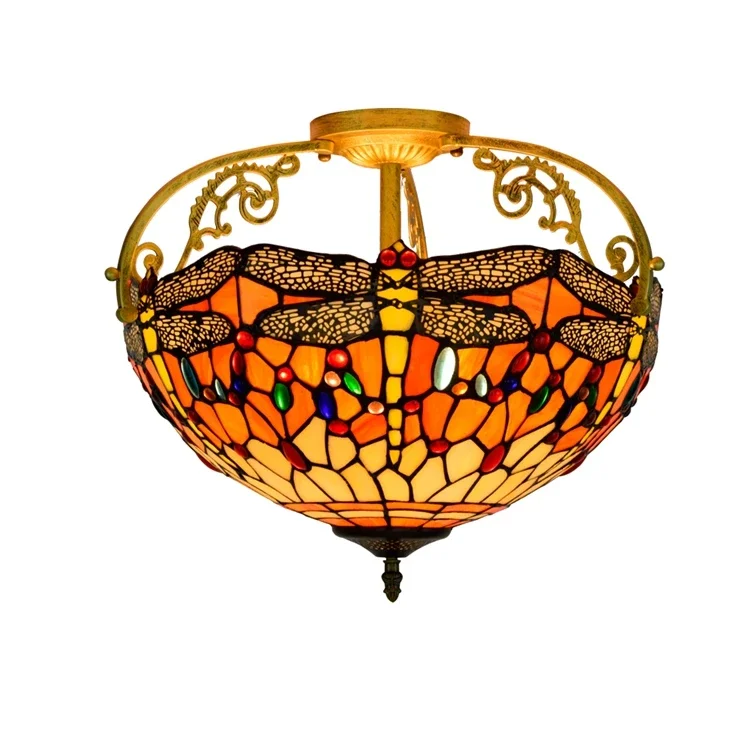 Retro Creative Dragonfly Round Iron Ceiling Lamp for Indoor Home Lighting Tiffany Stained Glass Balcony Semi Ceiling Lamp