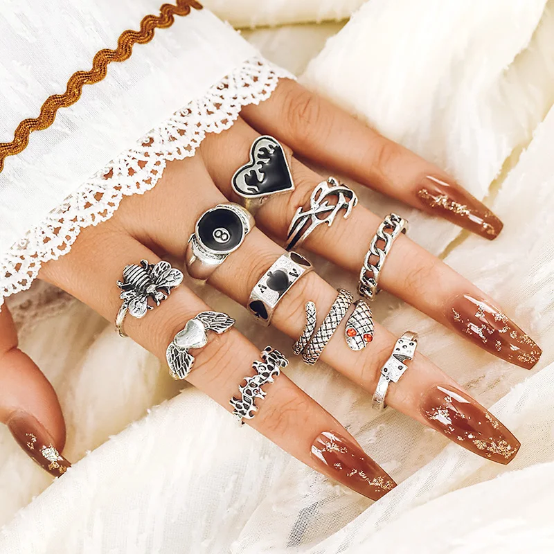 طقم خاتم مفتوح للنساء ، مجوهرات بسيطة ، نجمة ، قمر ، فراشة ، ثعبان ، فيروز ، خمر ، كريستال مجوف ، زركون ، لؤلؤ ، حفلة