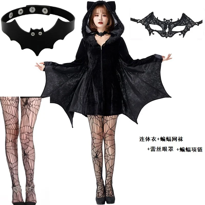 

Women Vampire Bat Adult Jumpsuit Halloween Fancy Dress Outfit Cosplay Costume Black Sexy Socks Necklace