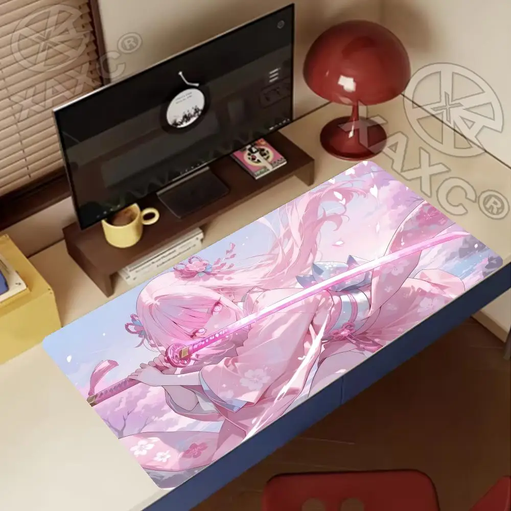 Anime Pink Sakura Samurai Girl Mouse Pad Kawaii Aesthetic Gaming large Desk Mat Non-Slip Rubber for Office Accessories  XAXC