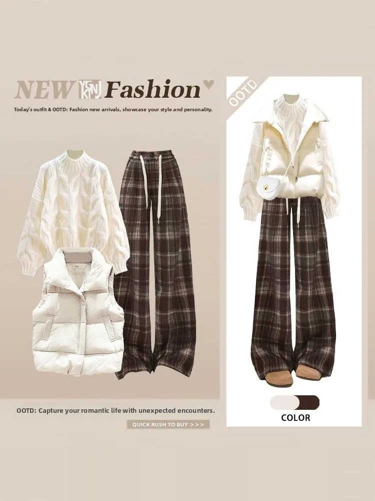 

Ретро-комплект из вязаного свитера и широких брюк для женщин: зимний модный ансамбль с брюками с высокой талией и клетчатым узором