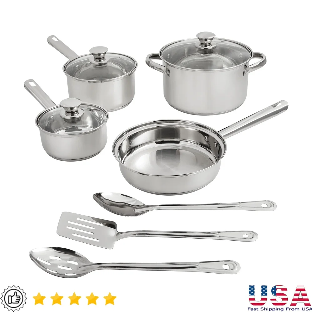 

Stainless Steel 10Pc Cookware Set Induction Compatible Durable Cookware with Glass Lids Serving Utensils Family Meals