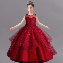 New Girls' Pearl Sequin Princess Dress 4-12 Years Old Bow Long Puffy Dress Banquet Host High end Flower Girl Evening Dress