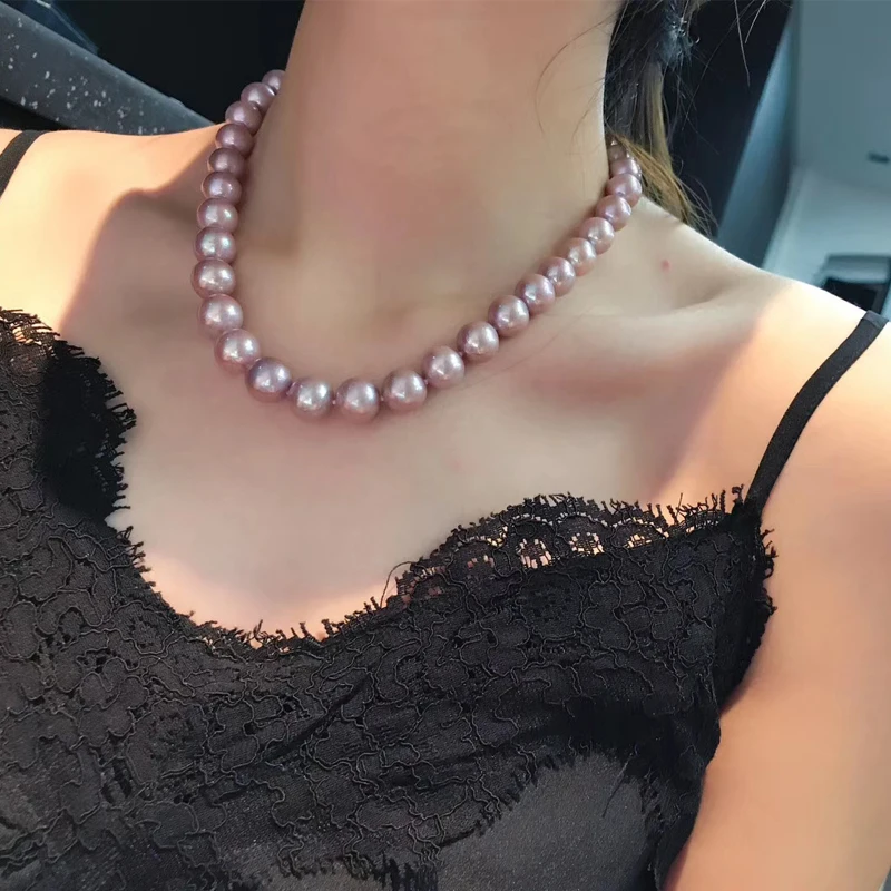 Huge Natural Sea Purple Genuine Pearl Necklaces for Women Luster Wedding Gifts Real Pearl Jewelry Silver 925 Necklace