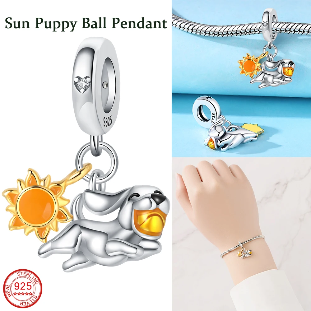 New Cute 925 Sterling Silver Sun Happy Dog Play Ball Pendant Bracelet Exquisite Fit DIY Jewelry Birthday Party Gift Accessories