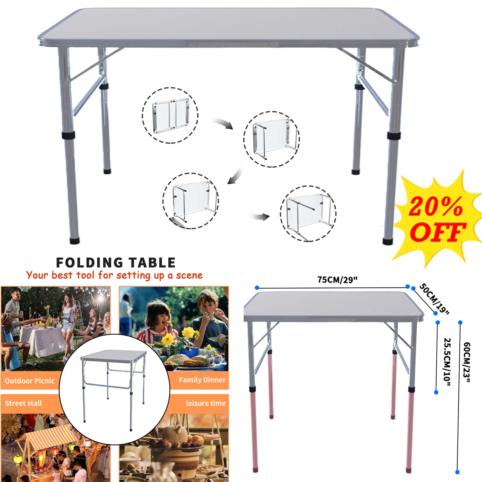 Folding Table Heavy Duty Table Camping Party Picnic Dining Garden,Portable Folding Camping Table, 2.5ft Adjustable Height Table