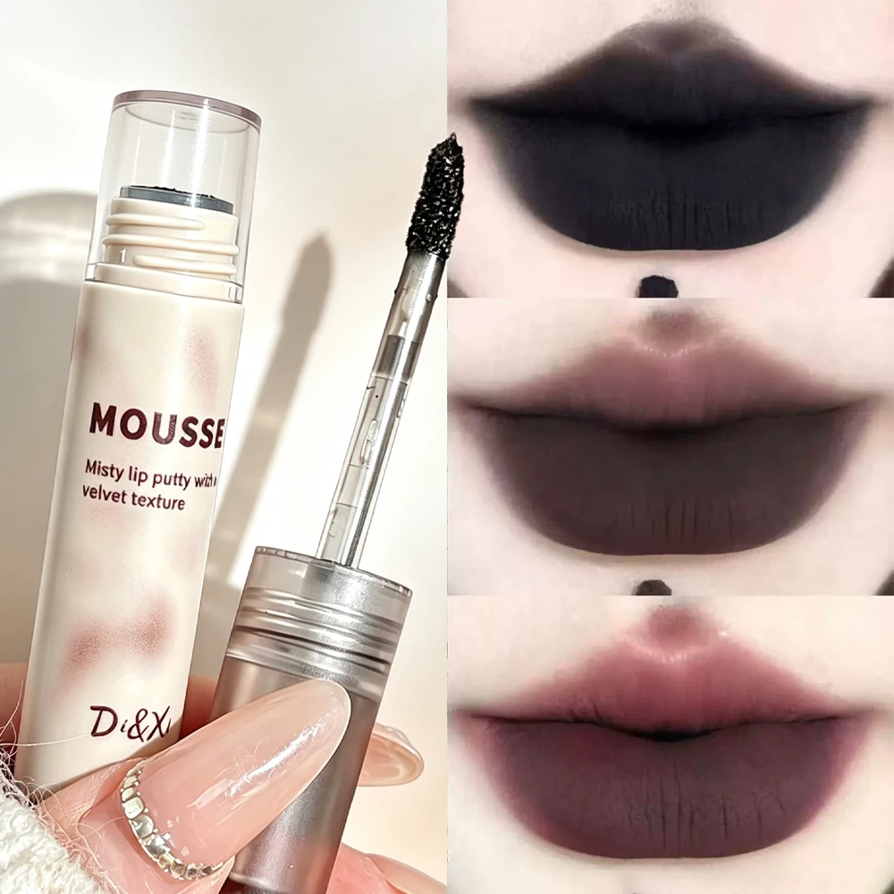 Mousse Matte Black Lip Clay Waterproof Dark Purple Gothic Velvet Lip Gloss Moisturize Silky Creamy Lipstick Hallowmas Makeup