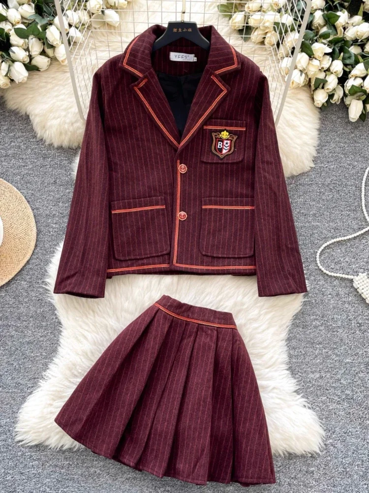 Academy Style Suit High Quality Fashion Embroidered Striped Blazer Coat High Waist Pleated Skirt Korean Office 2-Piece Set Women